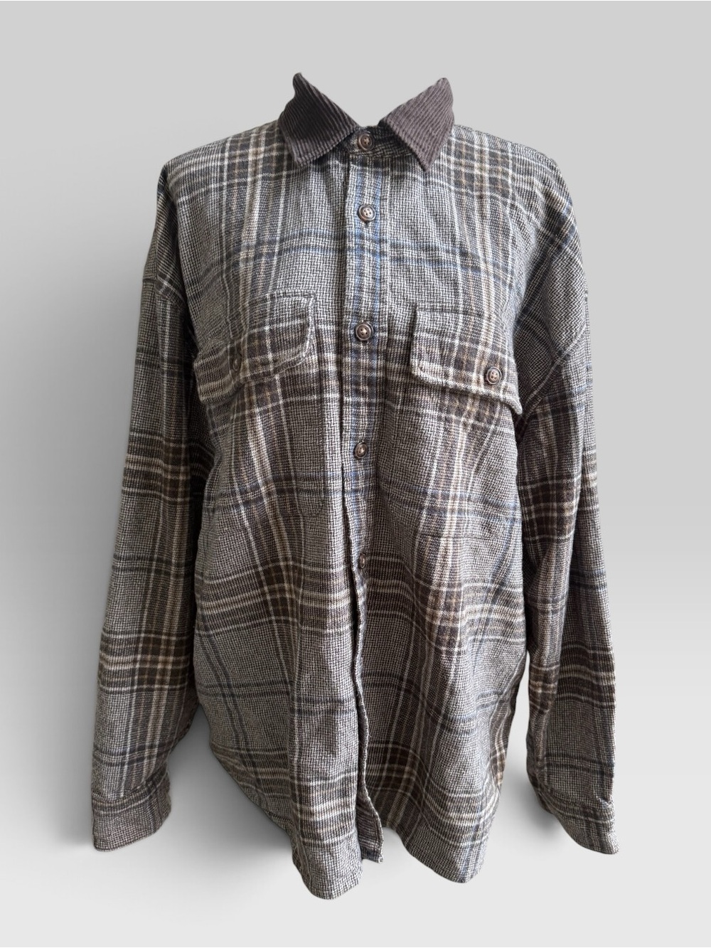 Abercrombie & Fitch Plaid Flannel Shirt Brown Gray Corduroy Collar Size L